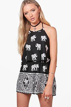 Boohoo Emily Woven Print Crop & Short Co-ord Set