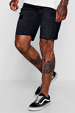 Boohoo Slim Fit Denim Short In Black With Patchwork