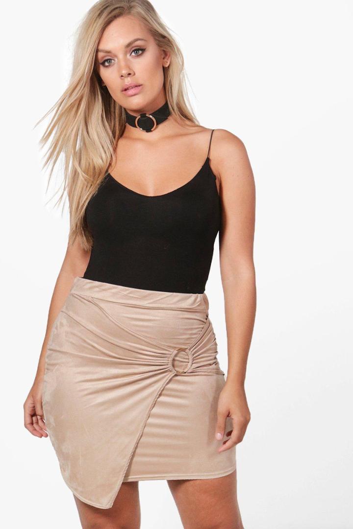 Boohoo Plus Harriet Suedette Wrap O-ring Mini Skirt Beige