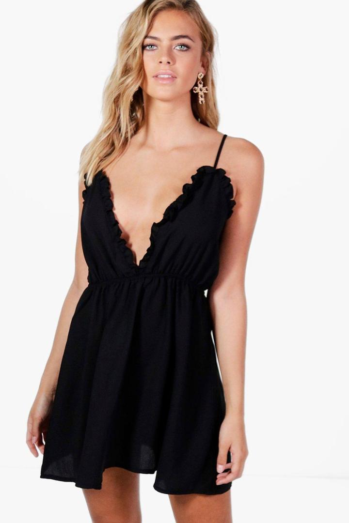 Boohoo Samara Ruffle Skater Dress Black