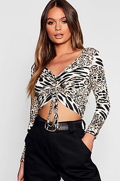 Boohoo Animal Print Ruched Front Top