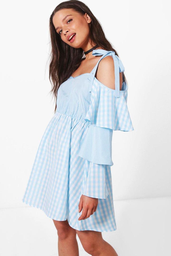 Boohoo Xanthe Gingham Ruffle Sleeve Swing Dress Blue