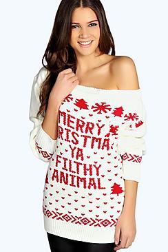 Boohoo Slash Neck Filthy Animal Christmas Jumper
