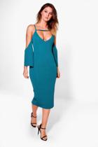 Boohoo Kady Strappy Split Bell Sleeve Midi Dress Teal