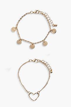 Boohoo Janey Coin & Heart Charm Bracelet 2pk
