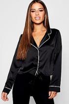 Boohoo Petite Satin Contrast Trim Tie Front Top