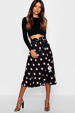 Boohoo Woven Spot Wrap Ruffle Hem Midi Skirt