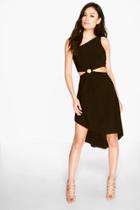 Boohoo Eve One Shoulder Asymmetric Waist Detail Midi Dress Black