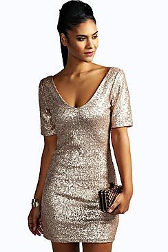 Boohoo Sequin Short Sleeve Bodycon Dress
