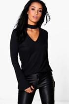 Boohoo Alisha Rib Knit Choker Ruffle Sleeve Jumper Black