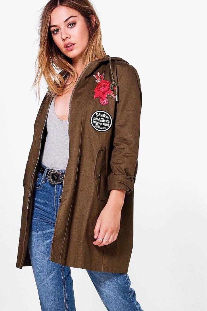 Boohoo Petite Sally Oversized Badge Parka Khaki