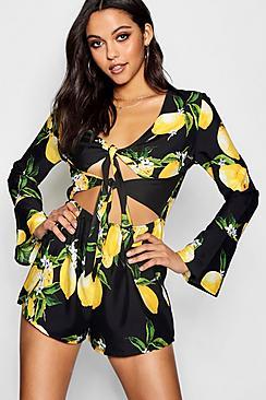 Boohoo Lemon Print Knot Flare Sleeve Playsuit