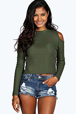 Boohoo Sara Ribbed Long Sleeve Cold Shoulder Top