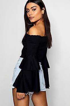 Boohoo Keira Shirred Double Flare Sleeve Bardot Crop