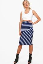 Boohoo Sophie Monochrome Contrast Panel Stripe Midi Skirt Navy
