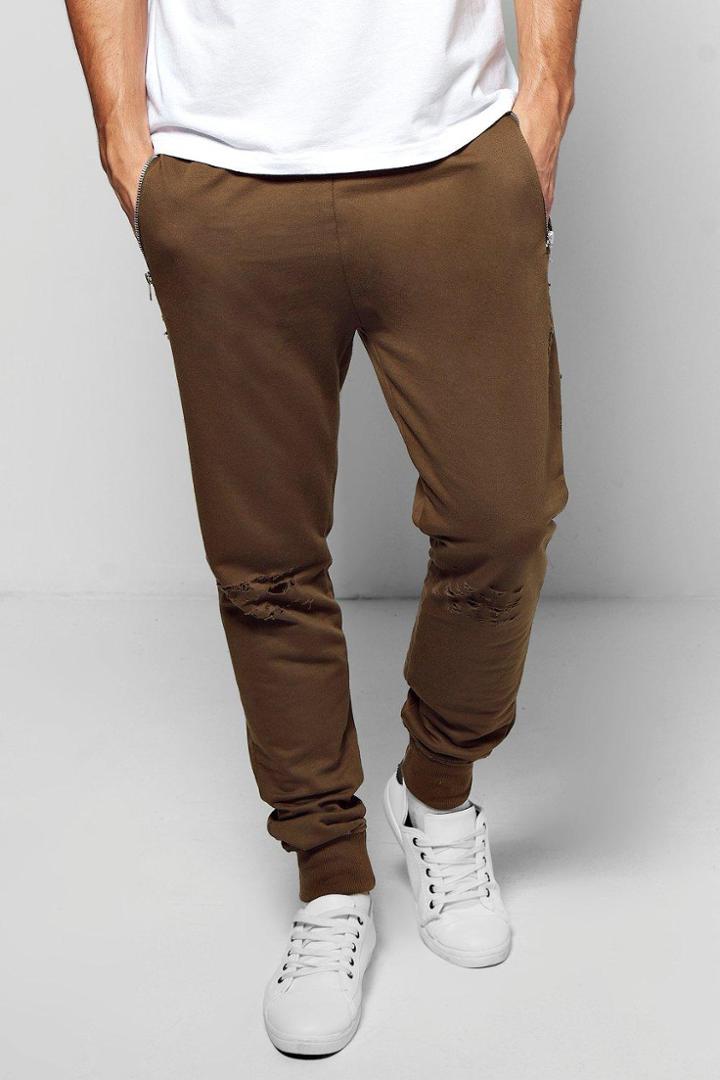 Boohoo Skinny Fit Distressed Joggers With Zip Pockets Olive