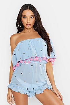 Boohoo Sequin & Pom Pom Bardot Beach Playsuit