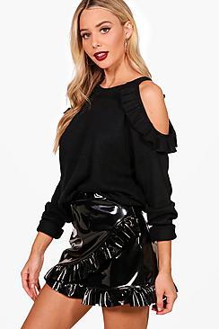 Boohoo Hannah Ruffle Cold Shoulder Knitted Top
