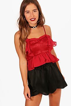 Boohoo Petite Rita  Ruffle Detail Woven Peplum Top