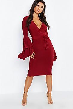 Boohoo Plunge Neck Flared Sleeve Midi Dress