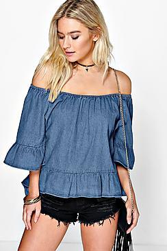 Boohoo Olivia Off The Shoulder Denim Ruffle Top