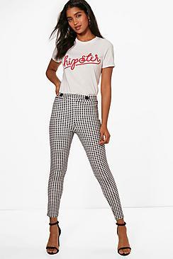 Boohoo Anna Button Detail Gingham Skinny Trousers