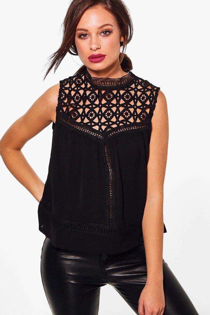 Boohoo Eva Premium Lace High Neck Woven Top Black