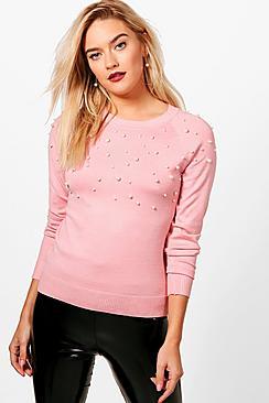 Boohoo Libby Pearl Embellished Fine Knit Jumper