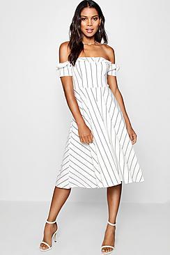 Boohoo Missie Off The Shoulder Stripe Midi Skater Dress