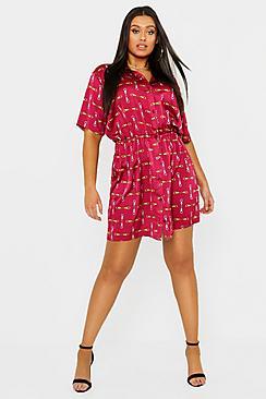 Boohoo Plus Satin Chain Print Short Sleeve Shirt Dress