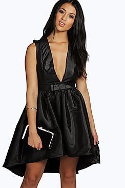 Boohoo Kayla Plunge Neck Bow Dip Hem Skater Dress