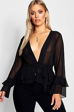 Boohoo Plus Plunge Knot Wrap Blouse
