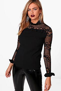 Boohoo Lace Ruffle High Neck Blouse