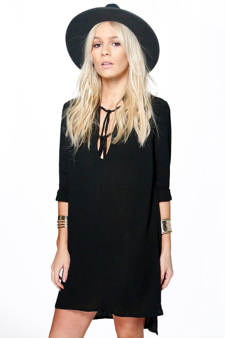 Boohoo Petite Jane Lace Up Detail Woven Smock Dress Black