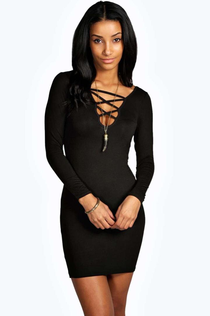 Boohoo Lou Strappy Insert Detail Bodycon Dress Black