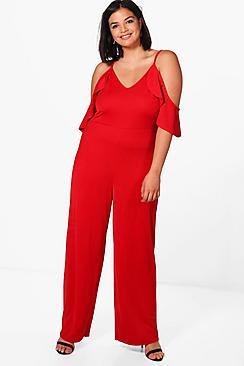 Boohoo Plus Jess Crepe Ruffle Cold Shoulder Jumpsuit