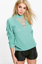 Boohoo Lucy Lace Up Detail Choker Jumper Sage