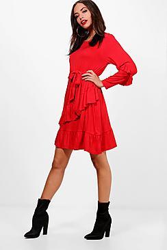 Boohoo Jane Micro Frill Belted Skater Dress