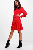 Boohoo Jane Micro Frill Belted Skater Dress