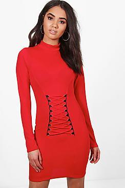 Boohoo Petite Ann Eyelet Detail Long Sleeve Bodycon Dress