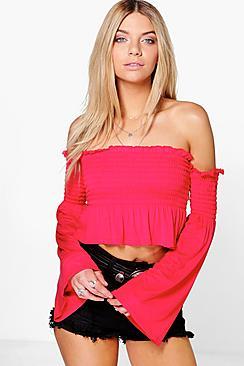Boohoo Flora Shirring Bardot Flare Sleeve Crop