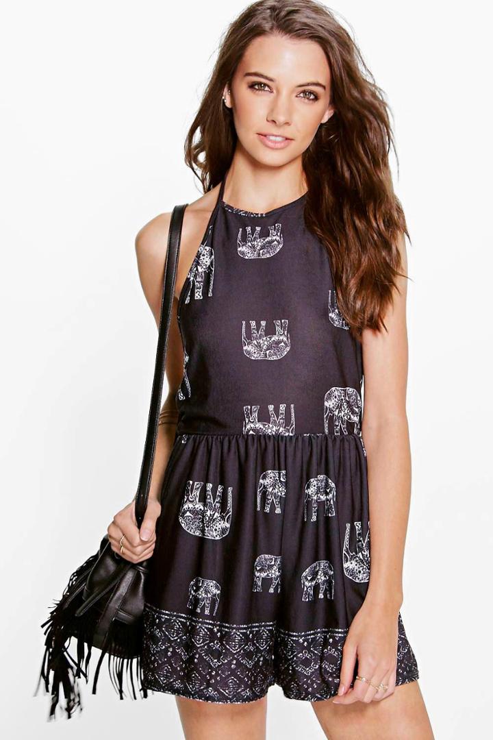 Boohoo Emmah Elephant Print High Neck Playsuit Black