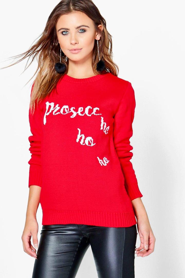 Boohoo Petite Clare Prosecco Christmas Jumper Red