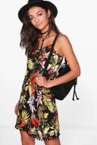 Boohoo Tall Fabiana Tropical Print Pom Pom Hem Cami Dress Black