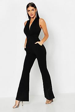 Boohoo Plunge Front Flare Leg Jumpsuit