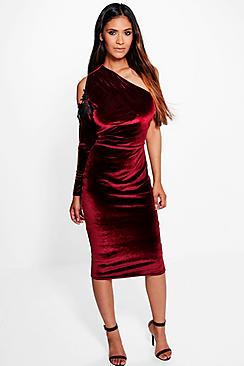 Boohoo Eve Velvet Cold Shoulder One Sleeve Midi Dress