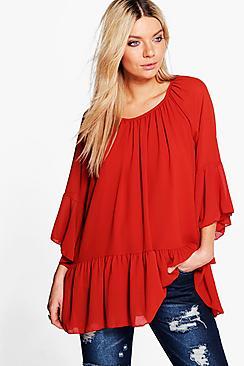 Boohoo Clare Frill Sleeve Dropped Hem Tunic Top