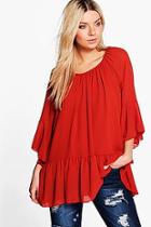 Boohoo Clare Frill Sleeve Dropped Hem Tunic Top