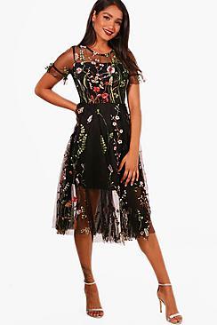 Boohoo Boutique Bea Embroidered Midi Skater Dress