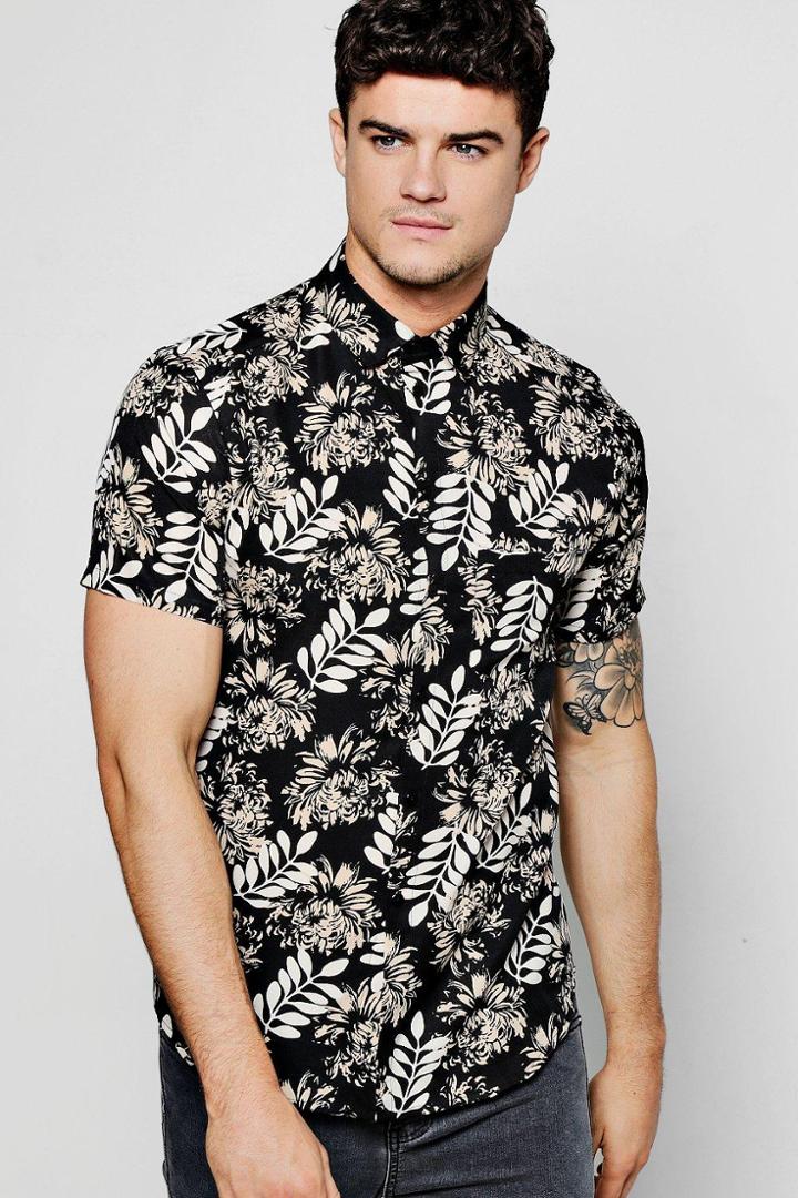 Boohoo Short Sleeve Floral Leaf Print Shirt Black